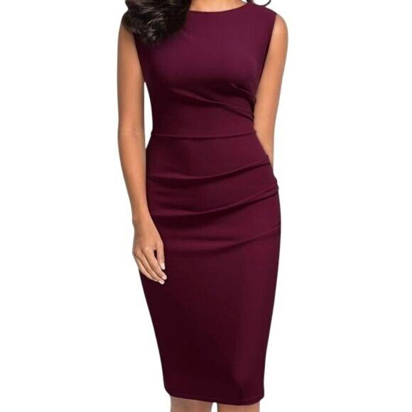 Miusol Women’s Retro Ruffle Slim Work Pencil Dress Burgundy Red Size Small Midi - Picture 3 of 16